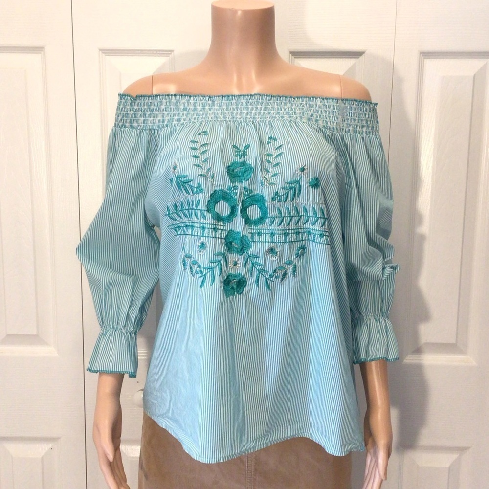 Grand & Greene Womens Green Boho Off The Shoulder Embroidered Top Size Medium